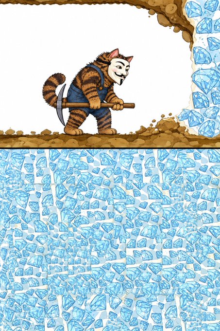 A cartoon orange tabby cat wearing denim overalls swings a pickaxe in a dirt tunnel, surrounded by blue ice crystals, in a 2D game-style artwork.