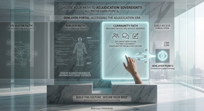 Sci-fi themed promotional graphic for 'GENLAYER PORTAL: ACCESSING THE ADJUDICATION ERA' offering three paths to adjudication sovereignty—Validator Path (Infrastructure & Security), Builder Path (Code & Codeless Agents), and Community Path (Building the Culture)—with GenLayer Points tied to contribution-based tracking and early access portal opening at 1,500/3,200 points.