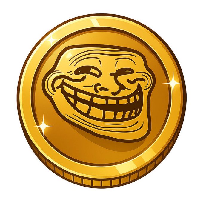 A shiny gold Trollface meme coin featuring the iconic "Problem?" smirk, symbolizing the $TROLL token's volatile journey from a 15x parabolic rise to a pullback as a high-meme, community-driven investment.