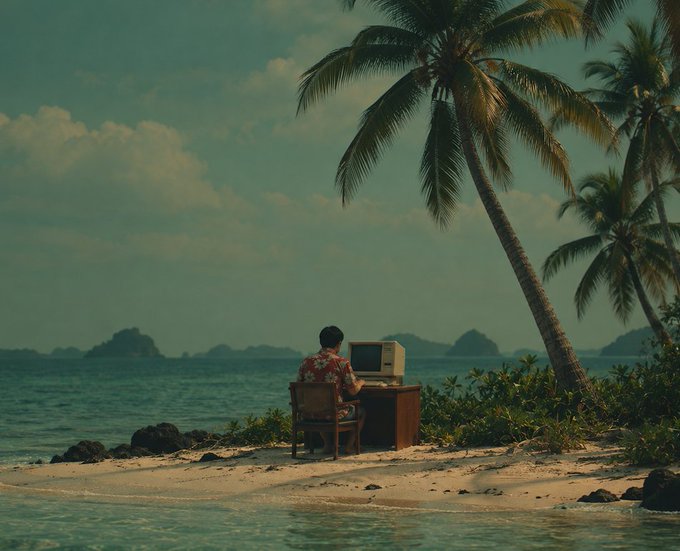 A person sits at a desk with a vintage computer on a tropical beach, framed by palm trees and ocean views with distant islands.