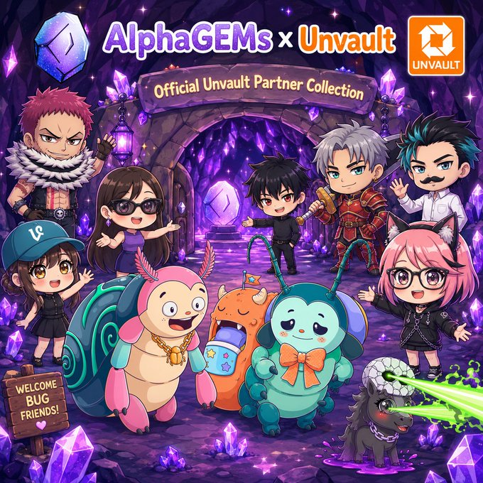An anime-style promotional artwork titled 'AlphaGEMs x Unvault Official Unvault Partner Collection' featuring various chibi characters and creatures in a purple crystal cave setting.