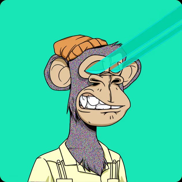 A digital illustration of an NFT-style cartoon monkey character with glittery purple fur, an orange beanie, and a beige hoodie, emitting cyan laser beams from its eyes against a teal background.