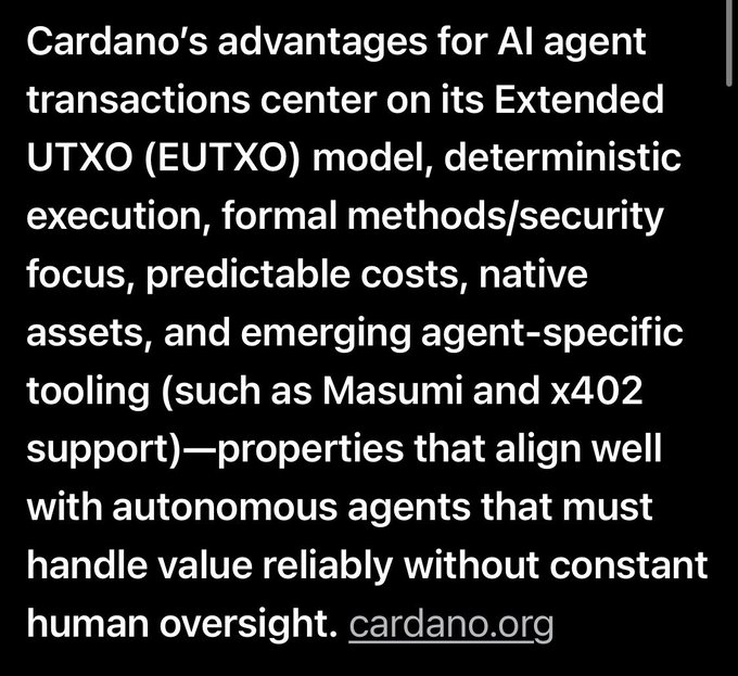 A black image containing white text discussing Cardano's advantages for AI agents, highlighting its Extended UTXO model, deterministic execution, and agent-specific tooling like Masumi and x402.