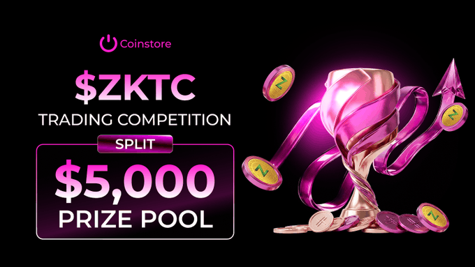 A promotional graphic for a Coinstore $ZKTC trading competition featuring a $5,000 prize pool alongside a pink trophy and coins.