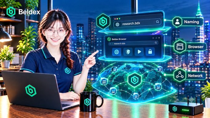 A promotional graphic for 'Beldex' showing a smiling woman in a navy Beldex polo shirt pointing at floating holographic UI elements labeled 'Naming' (research.bdx), 'Browser' (Beldex Browser), and 'Network', with a city skyline at night in the background.