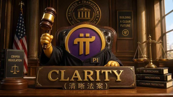 Digital artwork depicting a judge character with the Pi Network logo as its face, holding a gavel, with 'CLARITY (清晰法案)' displayed prominently and a 'CRYPTO REGULATION' book nearby.