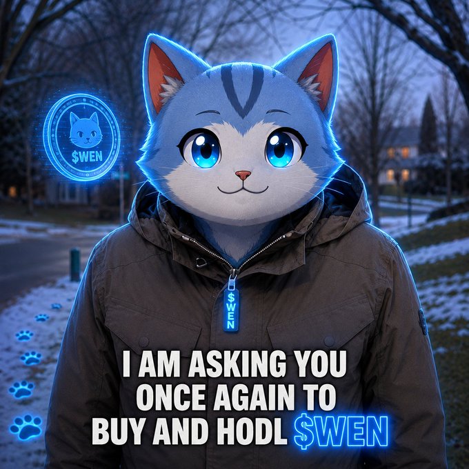 An anime-style anthropomorphic blue and white cat character wearing a dark jacket stands in a snowy scene with a glowing '$WEN' token logo, with text reading 'I AM ASKING YOU ONCE AGAIN TO BUY AND HODL $WEN'.