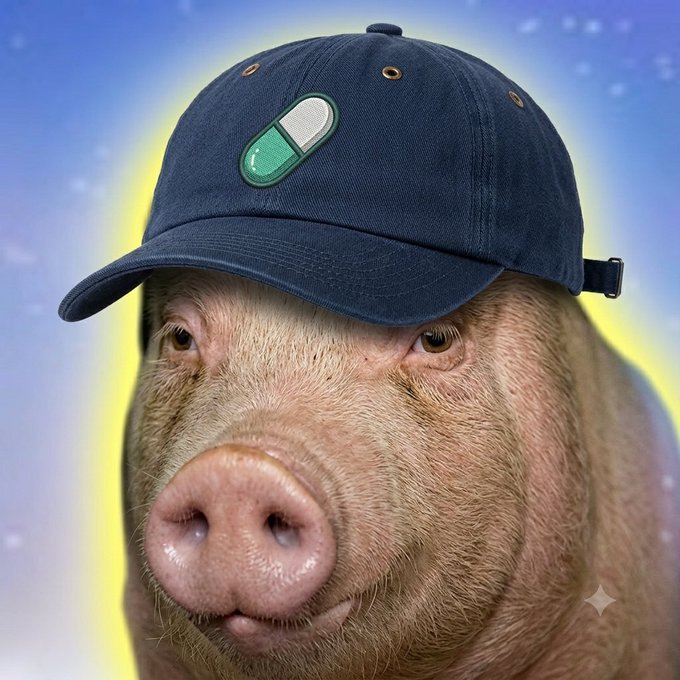 A surreal digital artwork showing a large pig's face wearing a navy blue baseball cap adorned with a green and white pill emblem.