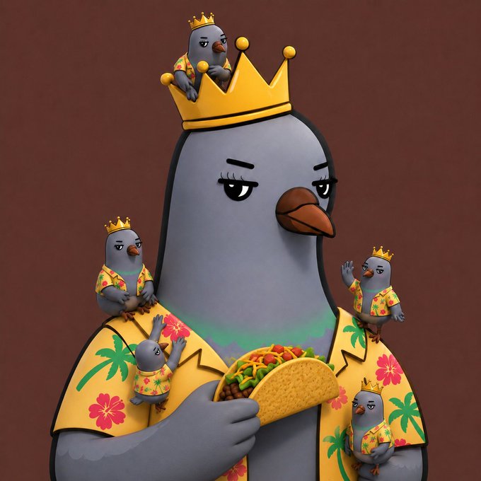A digital illustration of a grey pigeon wearing a gold crown and a yellow Hawaiian shirt, surrounded by four smaller pigeons in matching outfits, holding a large taco.