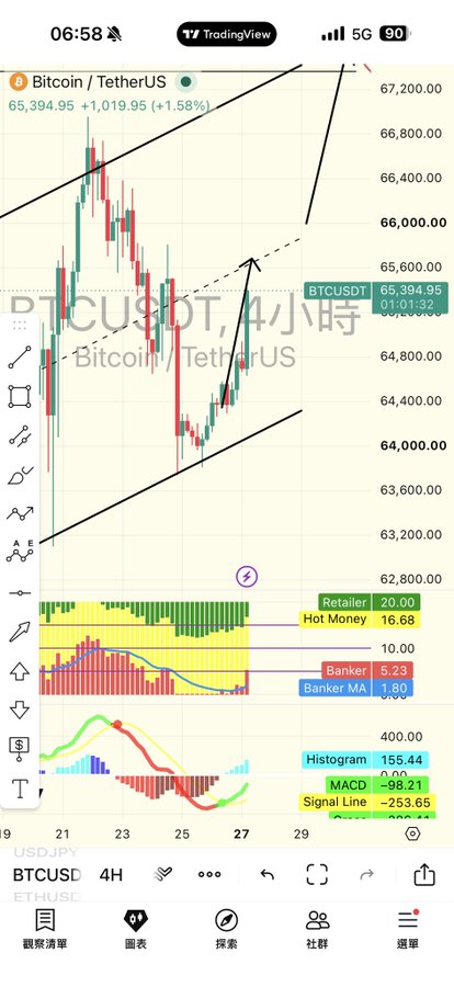 A TradingView chart of BTCUSDT on the 4-hour timeframe shows Bitcoin trading at 65,394.95, with an upward channel structure highlighted by parallel trendlines and a Liquidity zone indicator below signaling weakening bullish momentum, aligning with the poster's concern about a broken channel and lost long position.