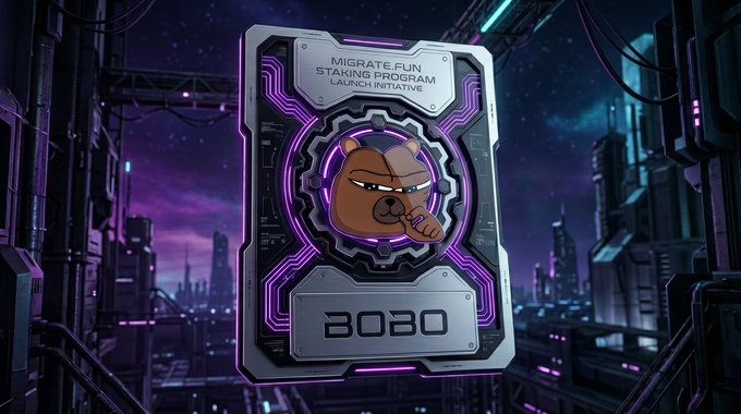 A metallic card titled 'MIGRATE.FUN STAKING PROGRAM LAUNCH INITIATIVE' features a grumpy bear mascot and the number '8080' set against a futuristic neon cityscape.