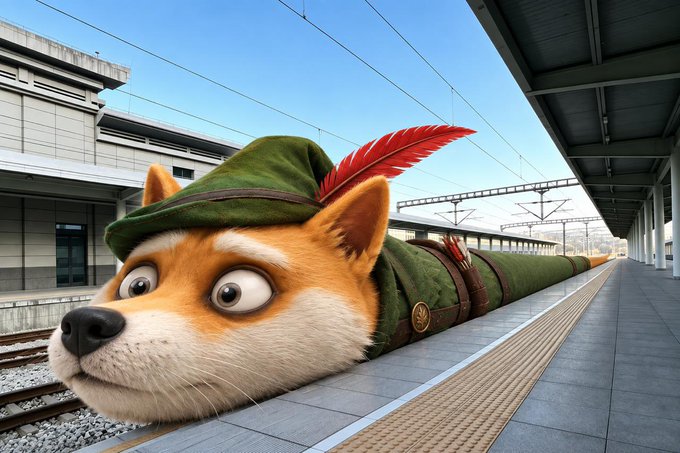 A digitally created image of a giant Shiba Inu dog wearing a green hat with a red feather, lying on train tracks at a station platform like a long worm.
