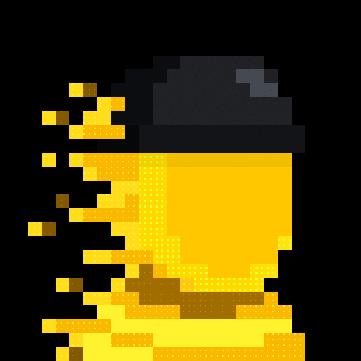 A pixel-art portrait of a figure wearing a black hat with gold/yellow pixels dispersing from the face area against a black background.