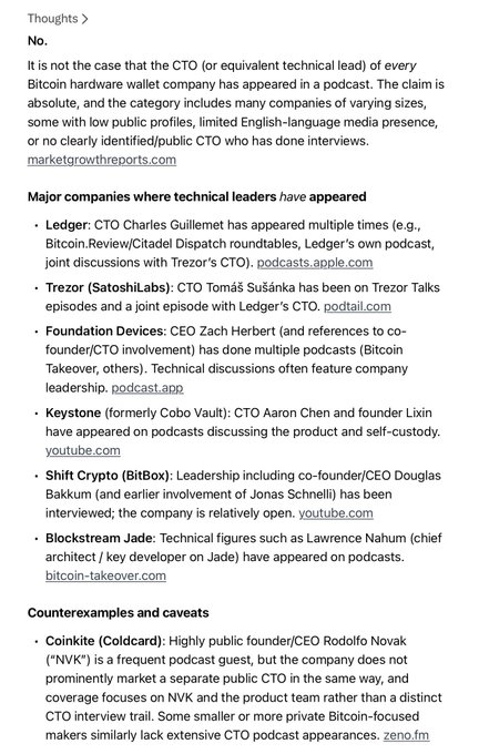 A text post titled "Thoughts" arguing that it is not the case that the CTO of every Bitcoin hardware wallet company has appeared in a podcast, listing companies like Ledger, Trezor, and Foundation Devices as counterexamples.