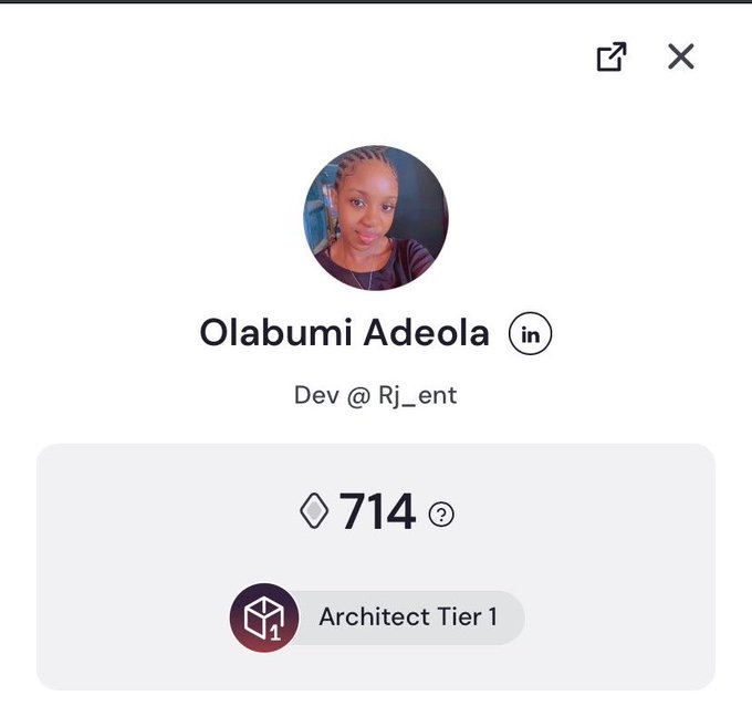 A profile card displays Olabumi Adeola, a Developer at Rj_ent, with a profile photo showing a smiling woman, a score of 714, and an "Architect Tier 1" badge, which directly corresponds to the post celebrating the achievement of the Architect badge on the ARC platform.
