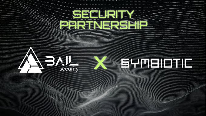 A dark, stylized graphic announces a "Security Partnership" between Bail Security (represented by a mountain logo) and Symbiotic (shown as SYMBIOTIC with a green "X" between the logos), aligning with the post's announcement that BailSec is auditing Symbiotic and urging followers to stay updated via @bailsecurity.