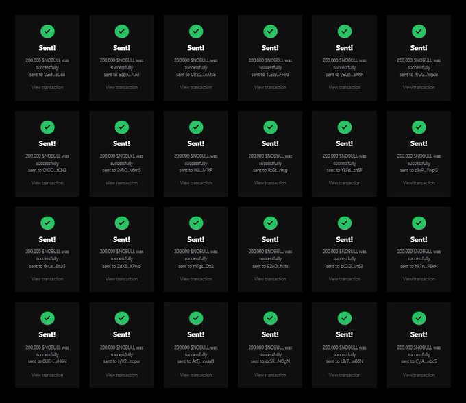A grid of 24 transaction confirmation cards displayed on a dark background, each showing a green checkmark with "Sent!" and a transfer of 200,000 $NOBULL tokens to various Solana wallet addresses (including UzoE, cBoG, yzGJ, sVeV, v6mS, JHxp, KNMY, xPnG, dnd5, Yqoq, UFVu, KLfv, uVdE, hPsF, qdHb, eDLD, QQYD, sRBN, VRyh, YJWP, bQuw, NOV, VDeQ, and others), with a "View transaction" link on each card. The image serves as visual proof of an airdrop campaign where 200,000 $NOBULL tokens are being distributed to the first 200 $SOL wallet addresses that engage with the Blindbull presale at blindbull.xyz.