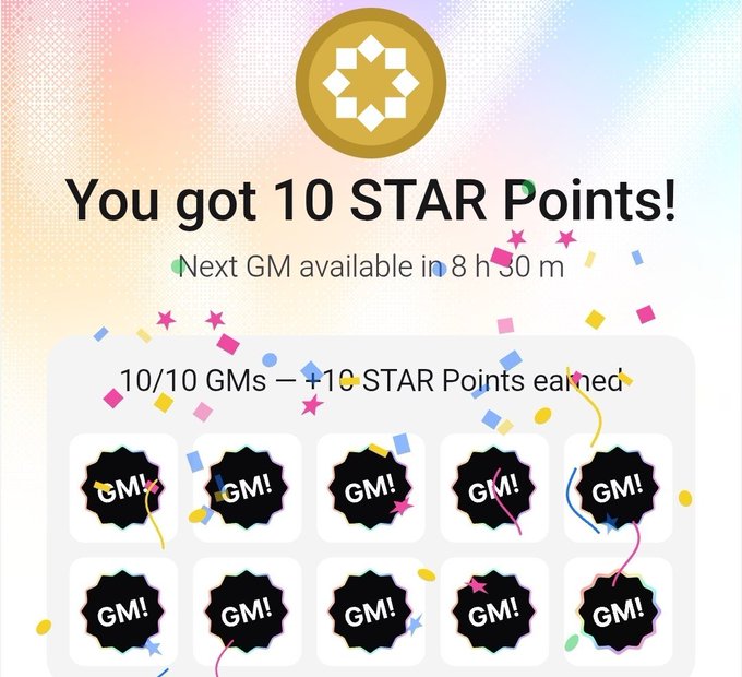 A reward screen from the Startale app showing "You got 10 STAR Points!" with the text "10/10 GMs – 10 STAR Points earned" displayed above ten black "GM!" stamp badges, matching the post's instructions to complete available activities in the app to claim rewards.