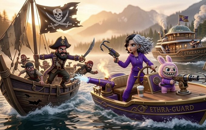A digital artwork showing pirates on a ship approaching a purple boat labeled 'ETHRA-GUARD', manned by a woman with a hook and a character in a pink bunny suit.