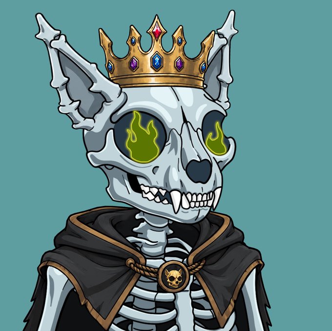 A digital artwork of a skeletal creature wearing a gold crown with jewels, featuring green flames in its eye sockets, fangs, and a black cloak, set against a teal background.