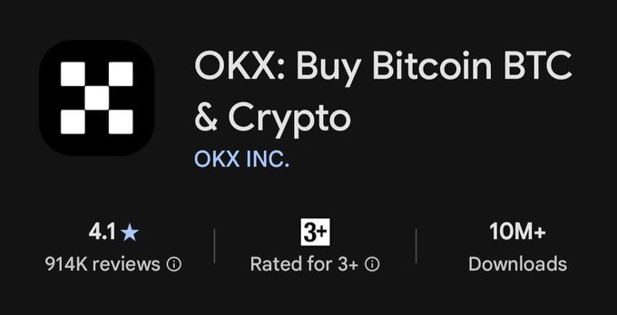 Google Play Store listing for 'OKX: Buy Bitcoin BTC & Crypto' by OKX INC., showing 4.1 stars, 914K reviews, and 10M+ downloads.