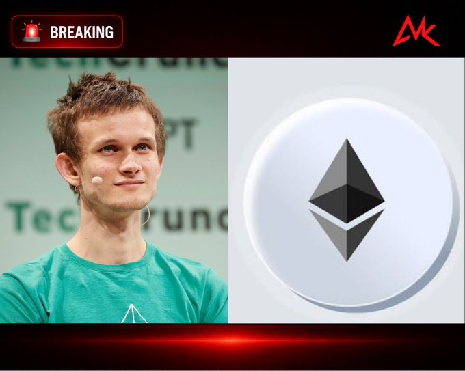 A breaking news thumbnail showing Vitalik Buterin on the left in a teal shirt, with the Ethereum logo displayed on the right.