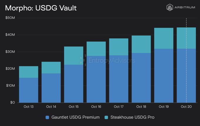 The chart shows Morpho USDG Vault TVL on Arbitrum rising from about $21M on Oct 13 to a new high of roughly $44M on Oct 20, supporting the post’s claim that USDG lending is deepening. TVL is split between Gauntlet USDG Premium and Steakhouse USDG Pro.