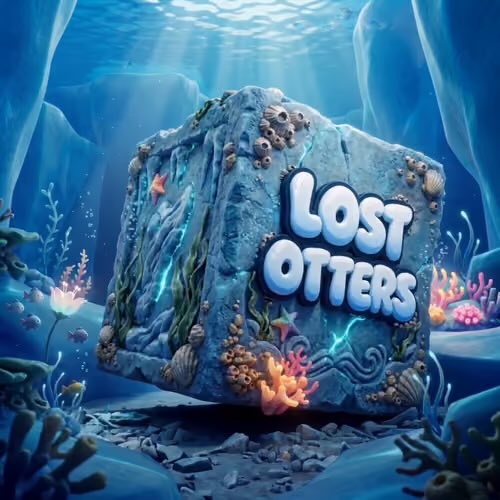 An underwater scene features a large, textured cube displaying the "LOST OTTERS" logo, surrounded by coral, seaweed, and a small fish in a blue aquatic environment.
