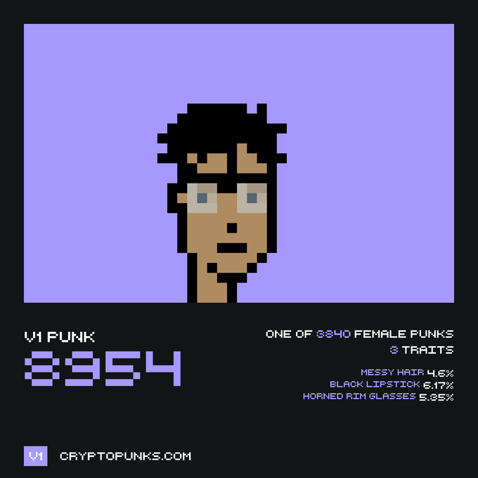 A pixel-art CryptoPunk NFT (#3954) showing a female character with messy hair, black lipstick, and horned rim glasses, labeled as a V1 Punk from CryptoPunks.com.