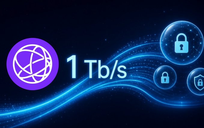 A digital graphic featuring a purple logo with '1 Tb/s' text alongside blue flowing waves and security shield/lock icons on a dark background.