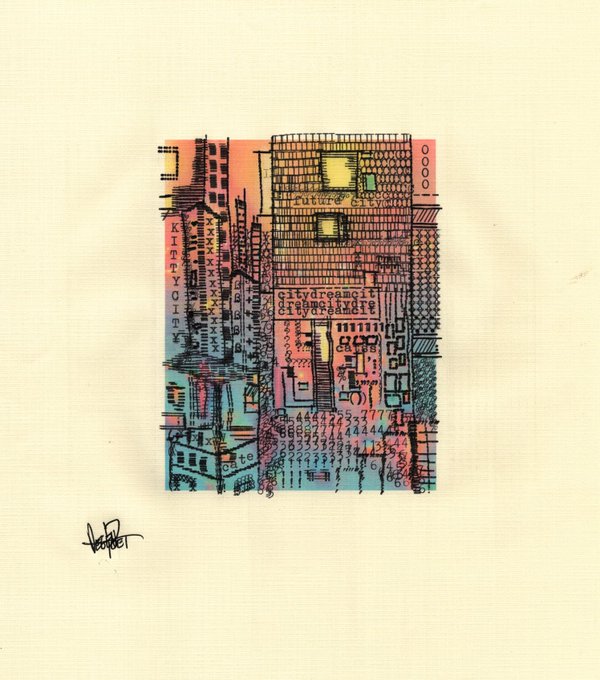 Abstract cityscape artwork featuring a colorful, sketchy urban scene with text including 'citydreamcity' and 'KIRISAKI HOTEL' on a cream background, signed by the artist.