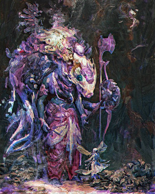 A dark fantasy painting depicts a large, grotesque purple and pink armored figure holding an axe, with a small winged fairy-like character standing before it.