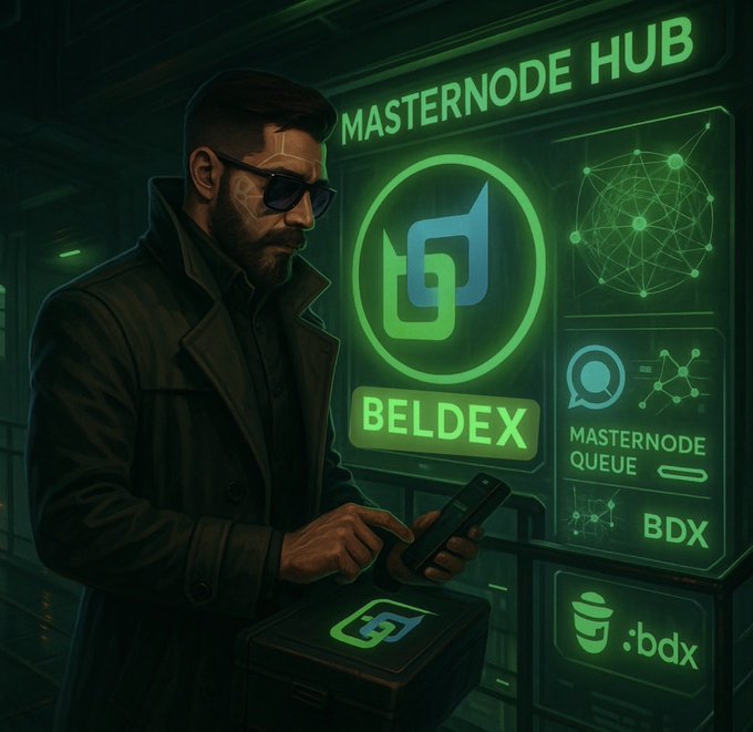 A digital illustration depicts a man in a trench coat and sunglasses using a smartphone, standing before a glowing green interface labeled 'MASTERNODE HUB' and 'BELDEX' with 'BDX' and '.bdx' visible.