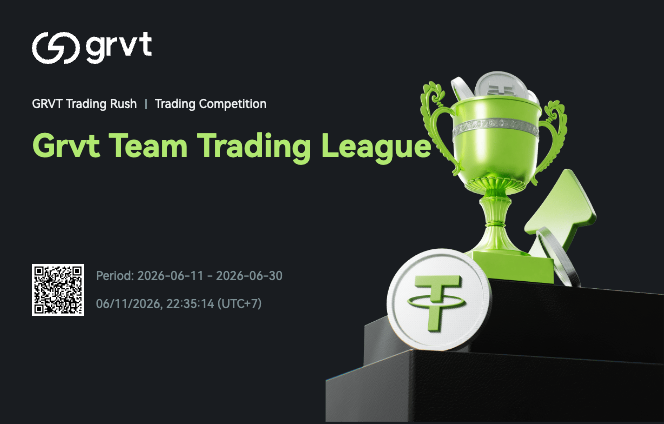 The image features a green trophy with a white lid, placed on top of two other objects - a green coin and an arrow pointing upwards. In the center of this trio, there's a caption that reads "Grvt Team Trading League", which appears to be advertising a competition or event related to trading and financial markets. The image also includes a small text box with a date stamp in the middle that says "Period: 26/06/20 - 30".