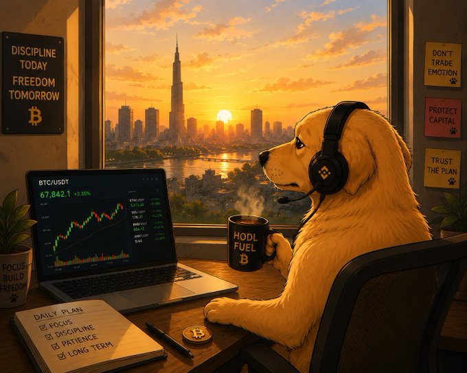 A digital illustration of a dog wearing headphones and holding a 'HODL FUEL' mug while viewing a BTC/USDT chart, surrounded by motivational posters like 'DISCIPLINE TODAY FREEDOM TOMORROW'.