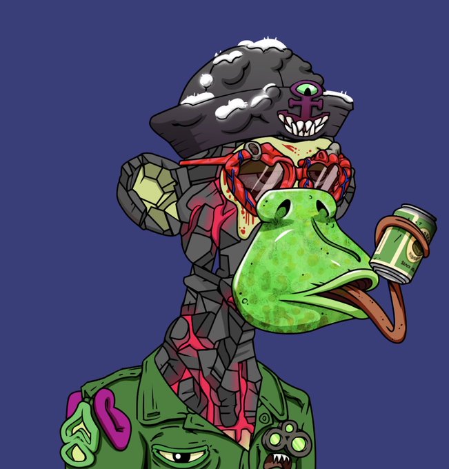 A digital illustration of a grotesque character with a green frog-like head wearing a jacket, holding a can, with mechanical and grotesque body parts, set against a dark blue background.