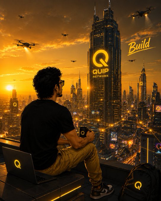 The image features a man sitting on a bench, looking out over a city skyline at sunset. The man appears to be wearing glasses and holding a cup of coffee as he enjoys his view. In the background, there are several airplanes flying overhead, adding to the sense of an urban setting. The post also mentions Quip Network and talks about building infrastructure in the future.