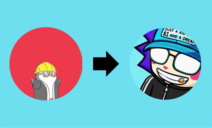 A cartoon graphic shows a transition with a black arrow pointing from a red circle containing a character wearing a yellow hard hat to a turquoise circle featuring a character wearing a 'JUST A KID $1 AND A DREAM' cap.