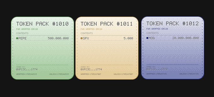 Three pixel-art "Token Pack" cards labeled #1010 (PEPE, 500,000,000), #1011 (SPX, 5,000), and #1012 (MOG, 20,000,000,000) are displayed side by side, each marked "FOR WRAPPED ERC20" — visually showcasing the newly added ERC20 tokens (PEPE, SPX6900, and MOG) to the Fake World Assets collection.