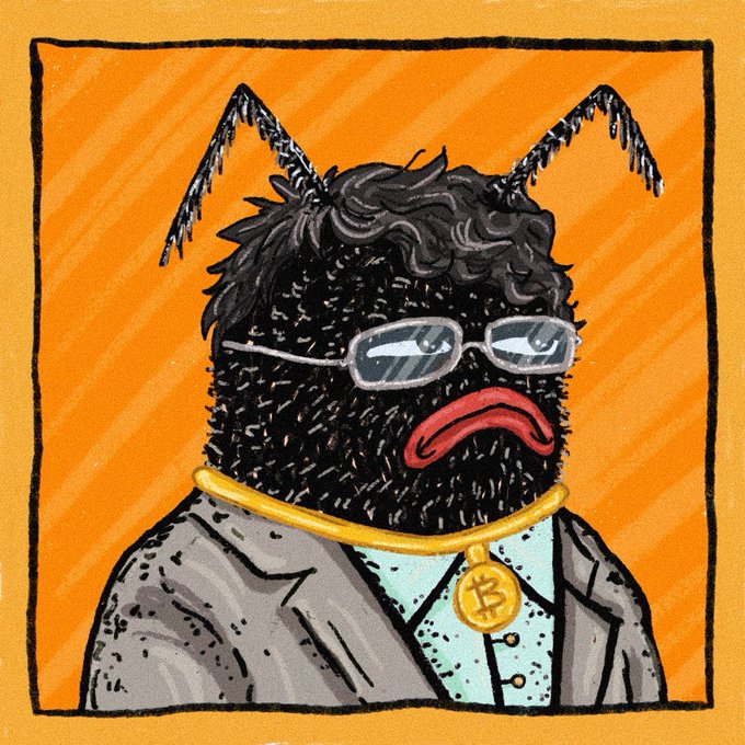 A cartoon illustration of a black, hairy bug-like character wearing glasses, a suit, and a gold chain with a Bitcoin logo pendant, set against an orange background.