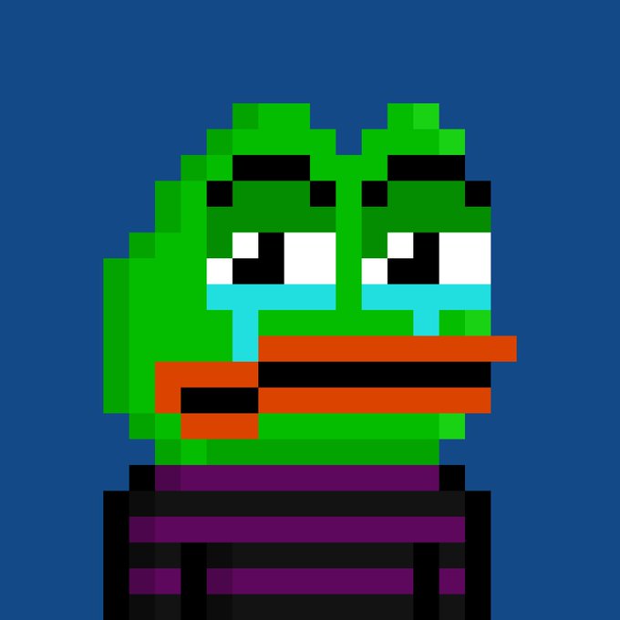 A pixel art illustration of Pepe the Frog crying, set against a dark blue background.