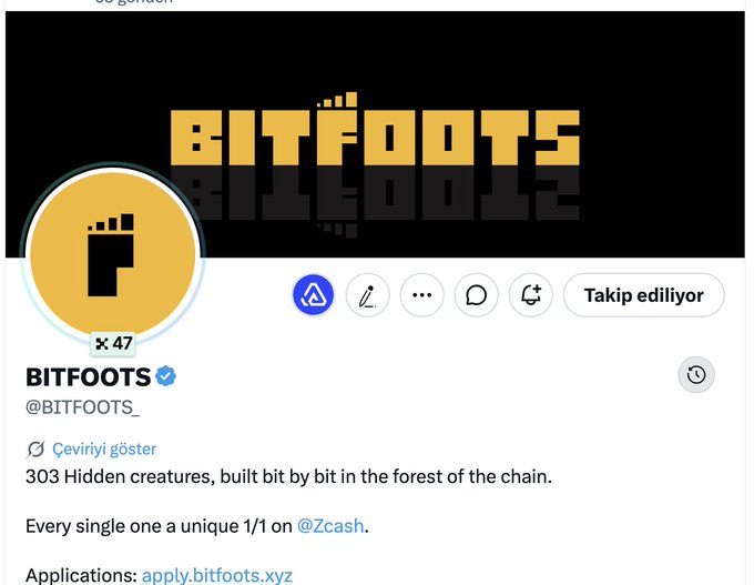 Screenshot of the @BITFOOTS_ Twitter/X profile displaying 'BITFOOTS' branding, with bio text: '303 Hidden creatures, built bit by bit in the forest of the chain. Every single one a unique 1/1 on @Zcash. Applications: apply.bitfoots.xyz'.