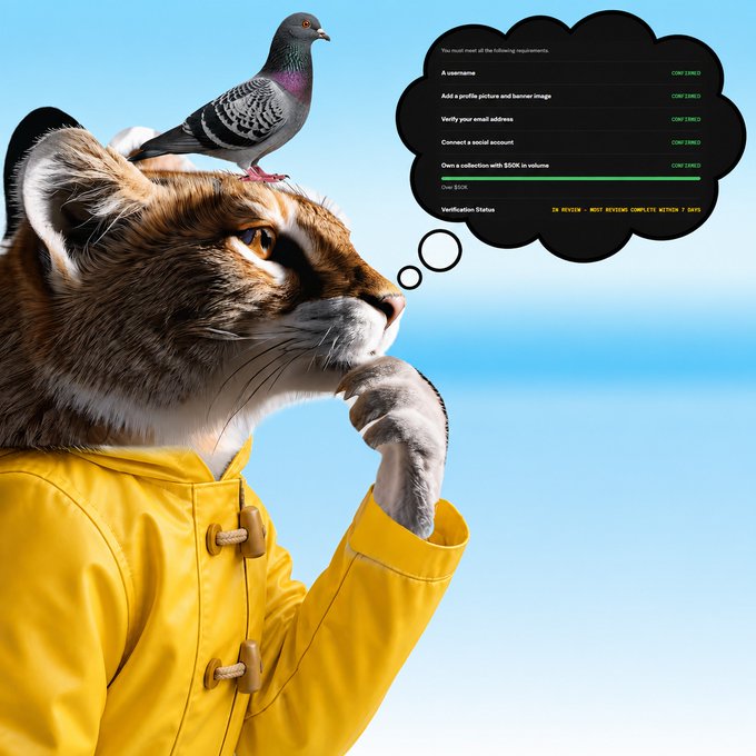 A creative image of a tiger wearing a yellow coat with a pigeon on its head, alongside a thought bubble showing requirements like 'A username', 'Add a profile picture', 'Verify email', 'Connect a social account', and 'Overs a collection with $50K in volume' (REVIEW).