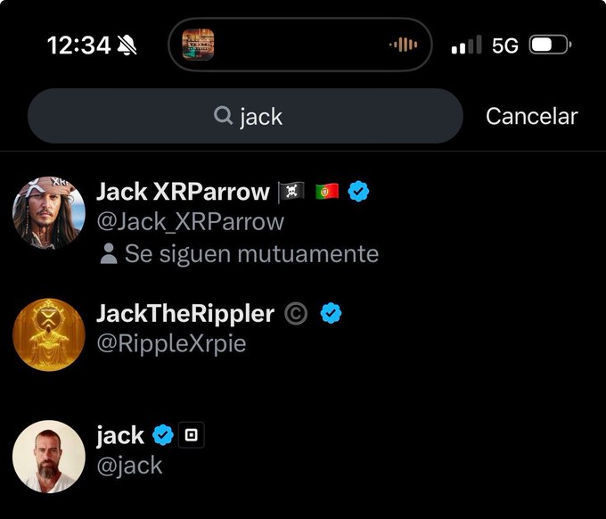 A mobile phone screenshot displays a search for 'jack' on a social media platform, showing results including 'Jack XRParrow @Jack_XRParrow', 'JackTheRippler @RippleXrpie', and 'jack @jack'.
