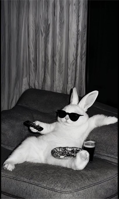 A black and white photo of a white rabbit wearing sunglasses lounging on a couch, holding a remote control with a snack and a glass of dark liquid beside it.