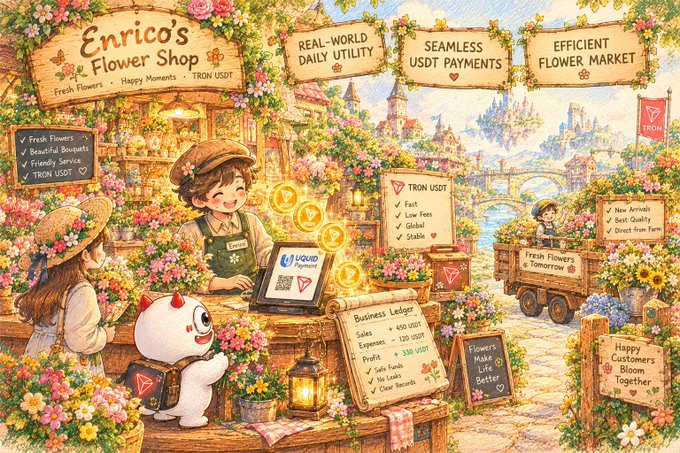 An illustrated scene titled 'Enrico's Flower Shop' depicting a child at a counter with a TRON USDT payment tablet, a white cat mascot, and various flowers, with feature callouts for 'REAL-WORLD DAILY UTILITY', 'SEAMLESS USDT PAYMENTS', and 'EFFICIENT FLOWER MARKET'.