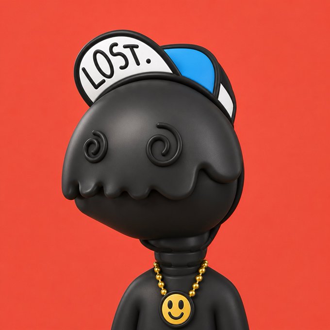 A black 3D-rendered character with a blue cap reading 'LOST.' wears a gold smiley face necklace against a solid red background.