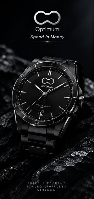 A sleek black wristwatch branded 'Optimum' with the tagline 'Speed Is Money' displayed on its face, accompanied by the infinity-style logo and the text 'BUILT DIFFERENT. SCALED LIMITLESS. OPTIMUM.'