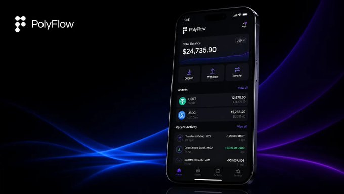A promotional image for PolyFlow showing a mobile app interface displaying a balance of $24,735.90 and various assets like USDT and USDC.
