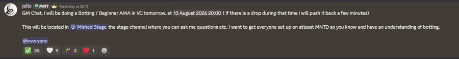 A Discord message from user "jello" announces a GM Chat and Beginner AMA in the Minted Stage voice channel on 13 August 2026 at 20:00, mentioning they will push back a few minutes if there is a drop, with the goal of teaching everyone about botting (MNTD). The post's reference to "Tomorrow in @MintedNFTs" aligns with the scheduled date and Minted Stage location noted in the message.